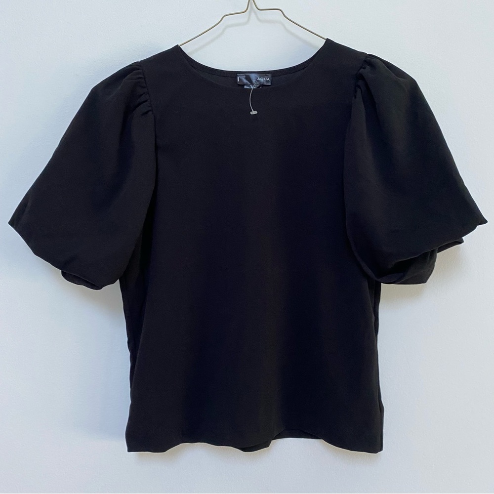 Aqua Puffy Sleeve Short Sleeve Top Black Large